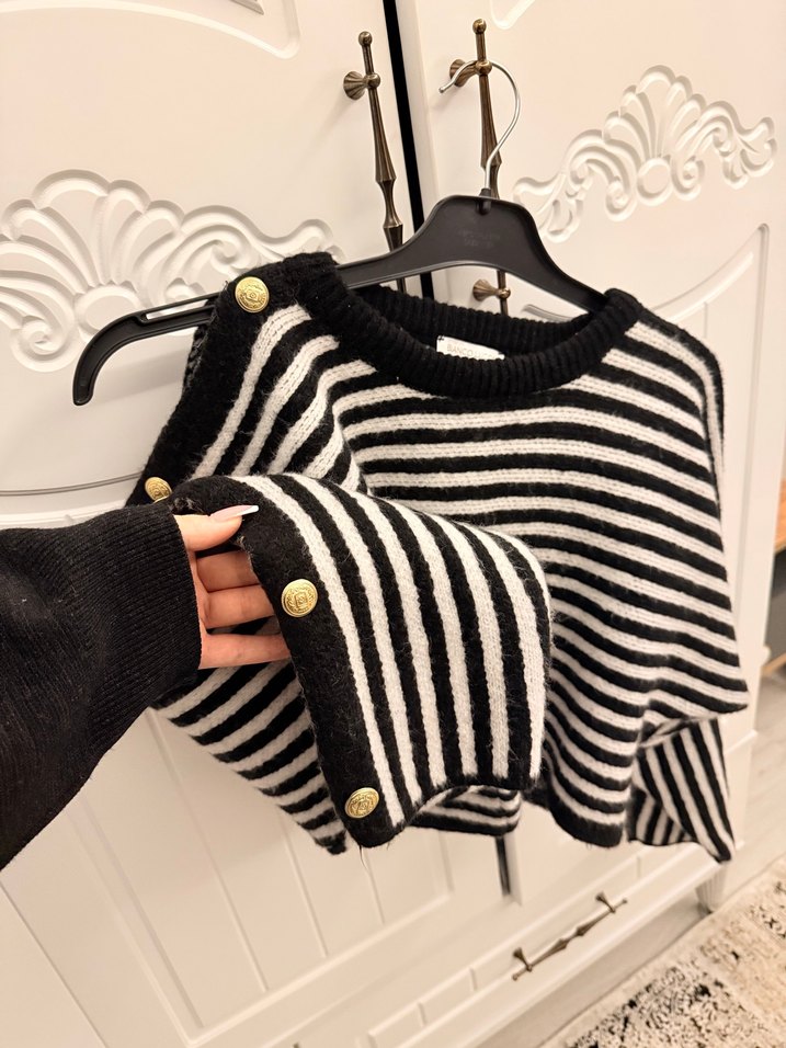 Bianco Lucci Kadın Siyah Gri Kısa Triko Kazak - Görsel 2