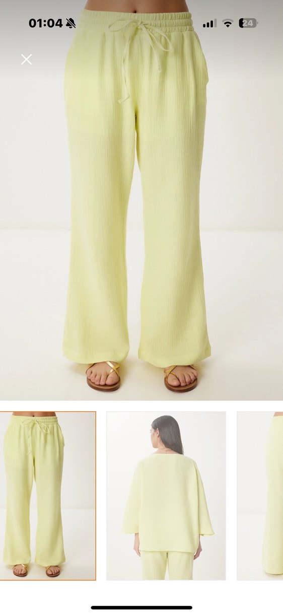 Kadın Sarı Keten Geniş Paça Pantolon takım - Görsel 2