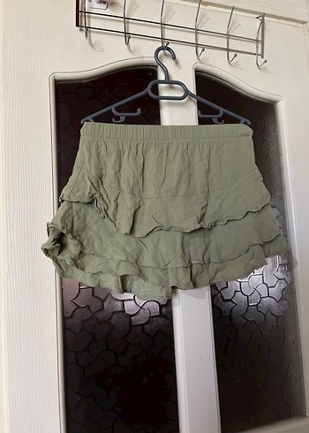 l Beden Yeşil Keten Mini Etek Fırfırlı