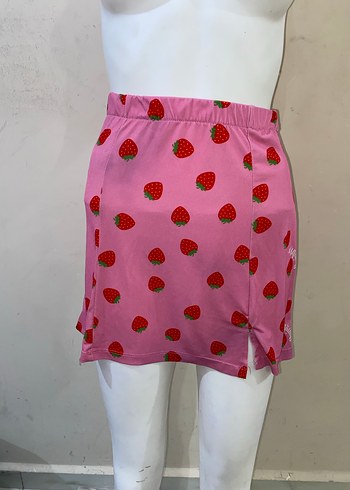 l Beden Çilek Desenli Pembe Mini Etek