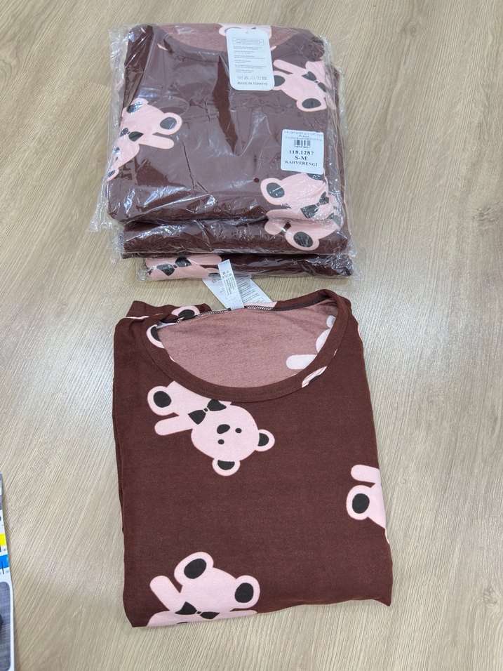 Kahverengi Ayıcık Desenli süet pijama takımı - Görsel 2