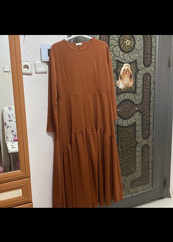 Pınar Şems Uzun Kollu Kahverengi Salaş Kadın Elbise