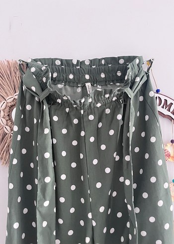 Haki Puantiyeli Bol Kesim Kadın Pantolon - Görsel 2