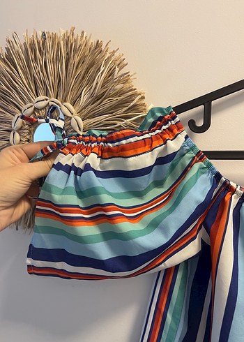 Renkli Çizgili Bohem Mini Bluz - Görsel 4