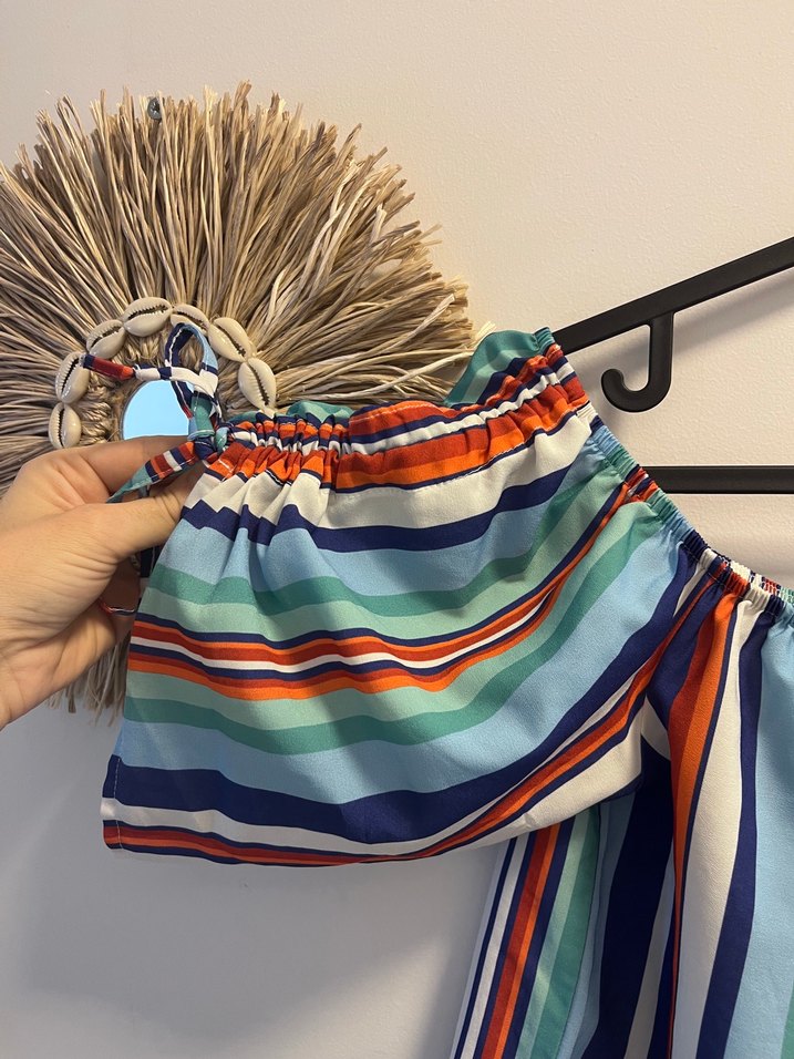 Renkli Çizgili Bohem Mini Bluz - Görsel 4