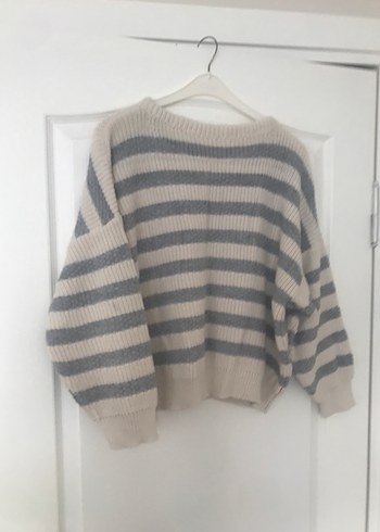 Gri Çizgili Örgü Kadın Kazak - Görsel 5