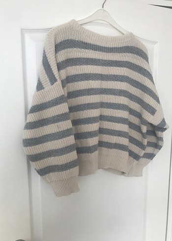 Gri Çizgili Örgü Kadın Kazak - Görsel 4