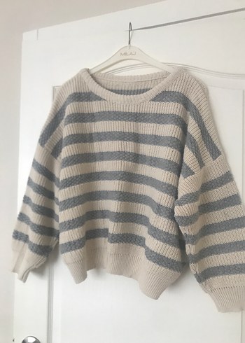 Gri Çizgili Örgü Kadın Kazak - Görsel 2