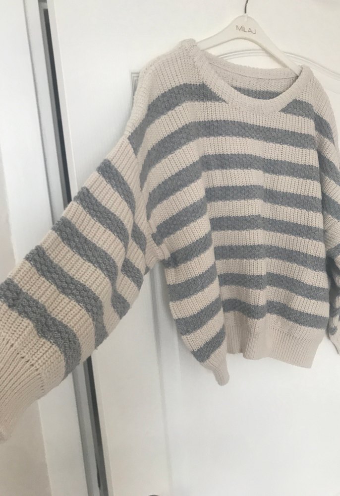 Gri Çizgili Örgü Kadın Kazak - Görsel 3