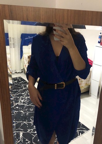 Saks mavisi ceket elbise - Görsel 4