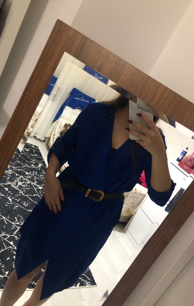 Saks mavisi ceket elbise - Görsel 3