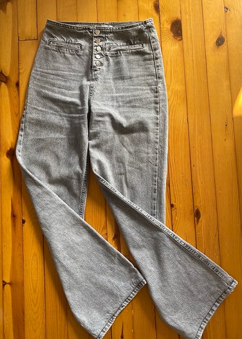 34 Beden gri Renk Düğmeli Gri Kadın Denim pamuklu Pantolon