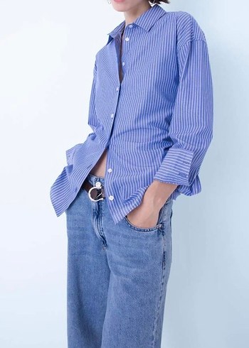 Mavi Çizgili Kadın Gömlek - Görsel 3