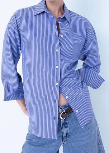 Mavi Çizgili Kadın Gömlek - Görsel 2