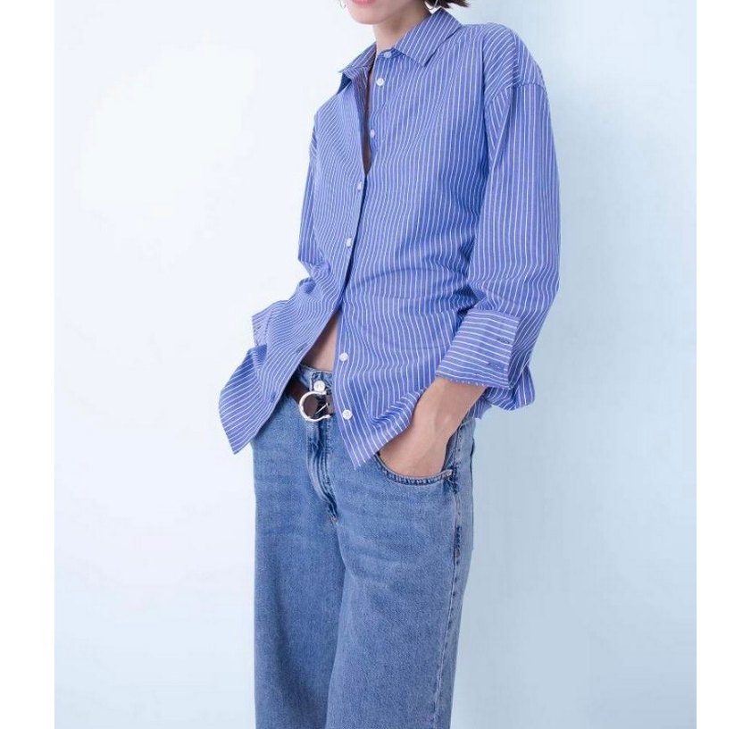 Mavi Çizgili Kadın Gömlek - Görsel 3