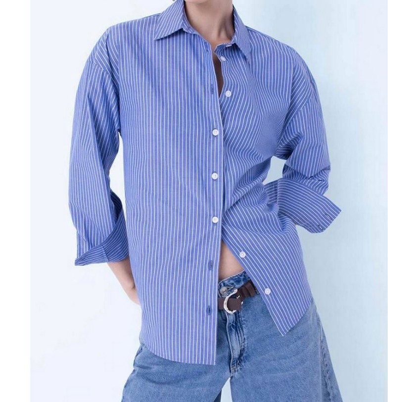 Mavi Çizgili Kadın Gömlek - Görsel 2