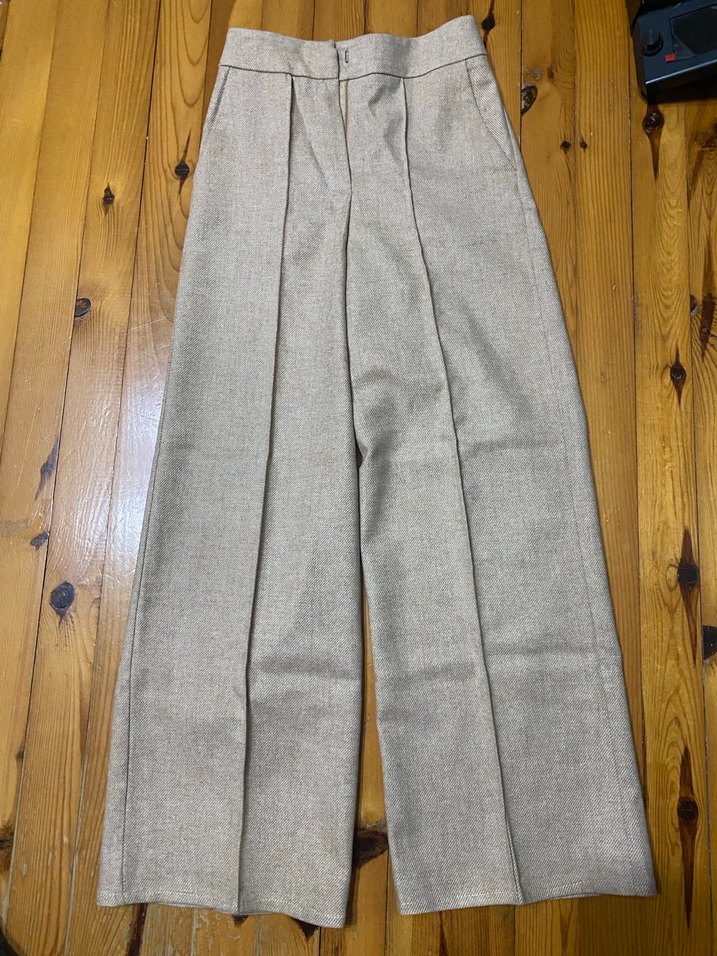 Bej Pilili Kadın Kumaş Pantolon - Görsel 2