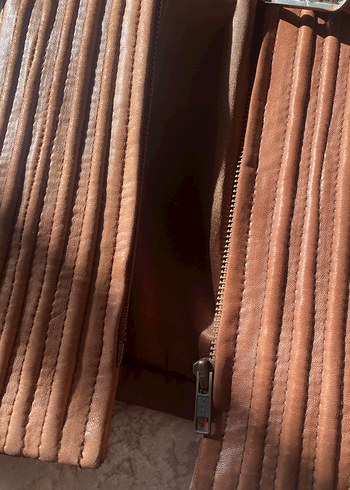 Gerçek Deri Kahverengi Vintage Kemerli Kadın Ceket - Görsel 4