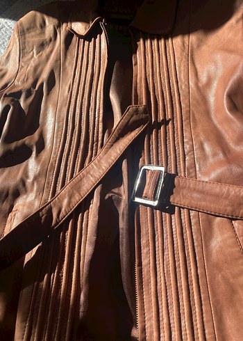 Gerçek Deri Kahverengi Vintage Kemerli Kadın Ceket - Görsel 2