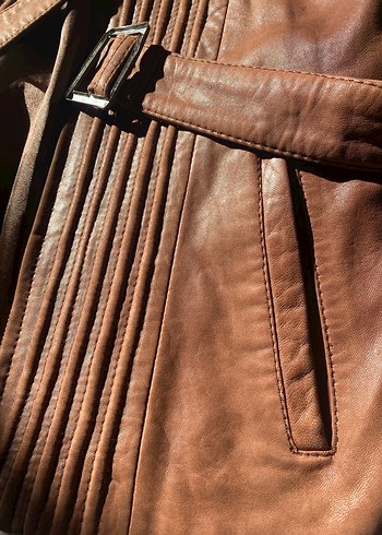 Gerçek Deri Kahverengi Vintage Kemerli Kadın Ceket - Görsel 3