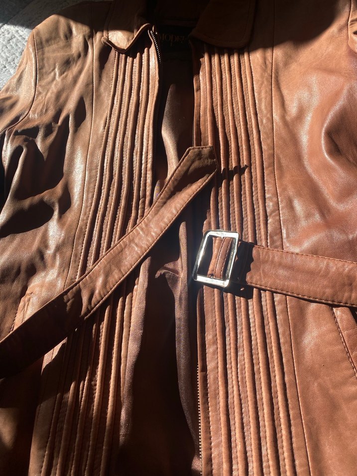 Gerçek Deri Kahverengi Vintage Kemerli Kadın Ceket - Görsel 2