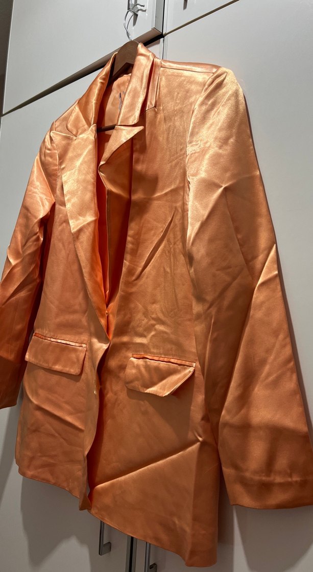 Bej Parlak Saten Kadın Blazer Ceket - Görsel 2