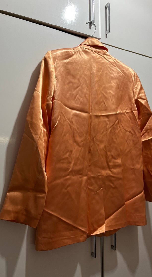 Bej Parlak Saten Kadın Blazer Ceket - Görsel 3