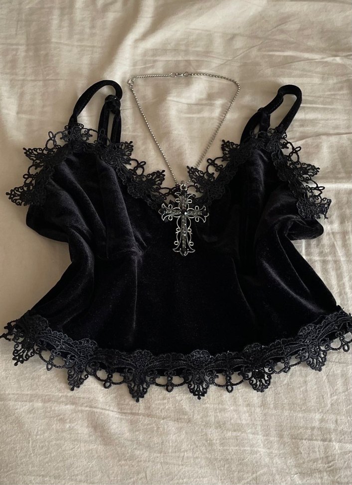 Y2k Goth grunge kadife dantelli bluz - Görsel 4