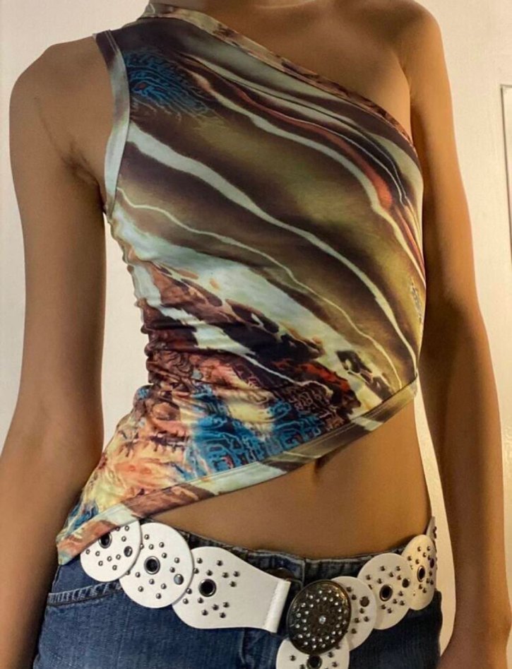 Y2k Asimetrik desenli bohem bluz - Görsel 3