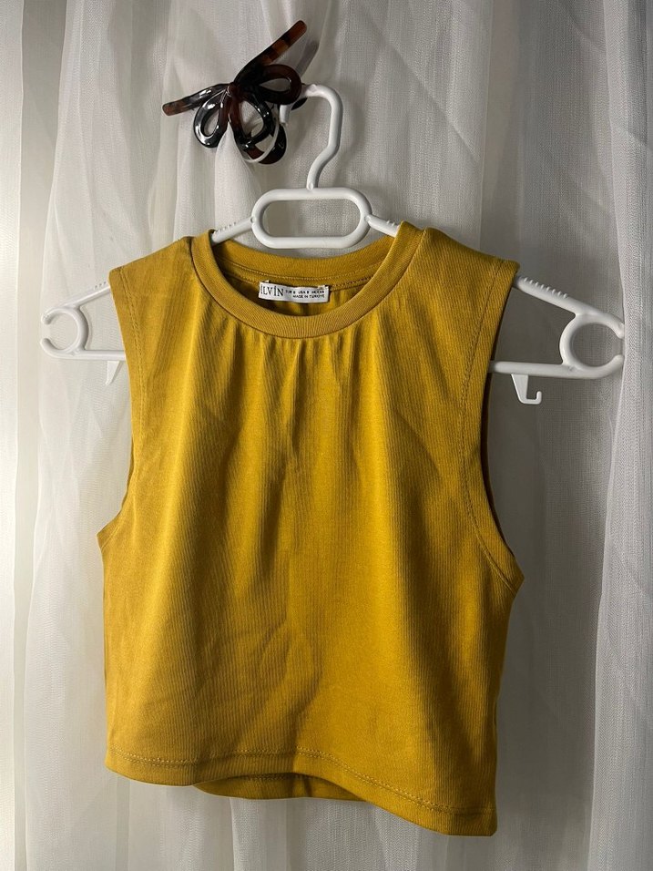 Sarı Leopar Desenli Kolsuz Crop Top - Görsel 3