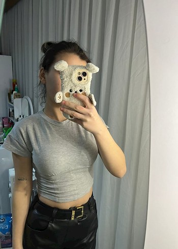 Gri Kısa Kollu Crop Top - Görsel 2