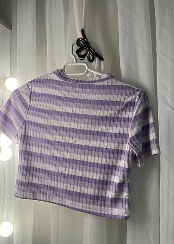 Mor Çizgili Kısa Kollu Kadın Tişört - Görsel 2