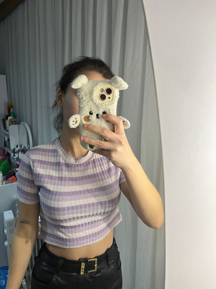 Mor Çizgili Kısa Kollu Kadın Tişört - Görsel 3