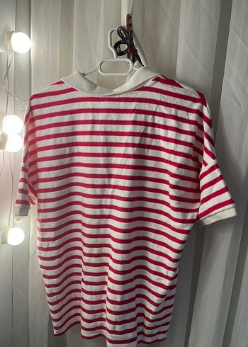 Pembe Çizgili Örgü Pamuklu Kadın Gömlek - Görsel 2