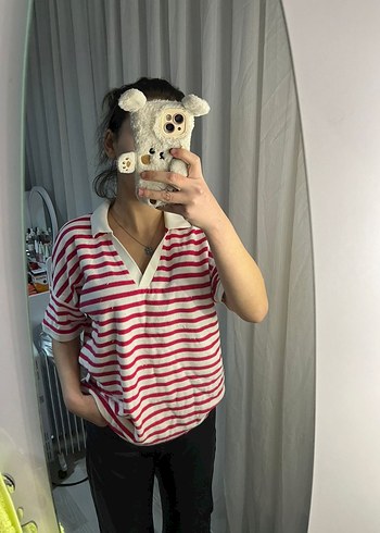 Pembe Çizgili Örgü Pamuklu Kadın Gömlek - Görsel 3