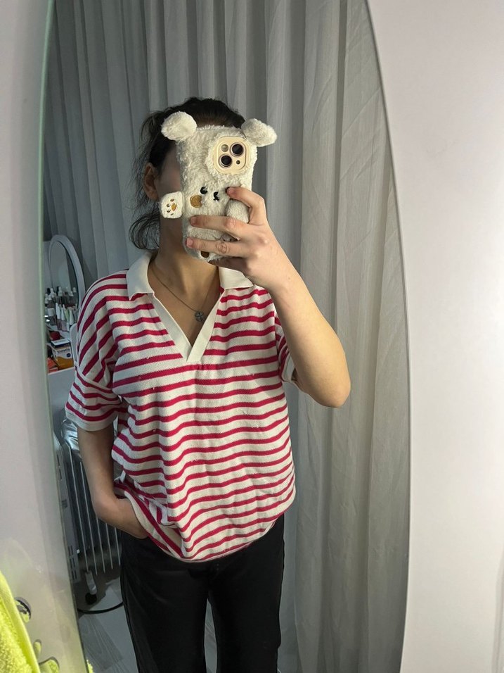 Pembe Çizgili Örgü Pamuklu Kadın Gömlek - Görsel 3