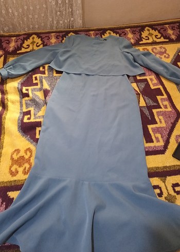 Uzun Kollu Drapeli Mavi Kadın Elbise - Görsel 2