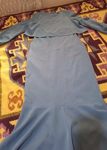 Uzun Kollu Drapeli Mavi Kadın Elbise - Görsel 3