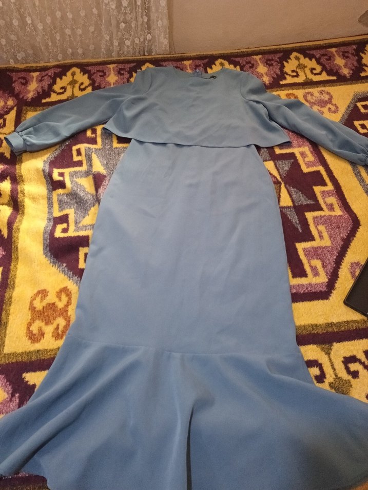 Uzun Kollu Drapeli Mavi Kadın Elbise - Görsel 2