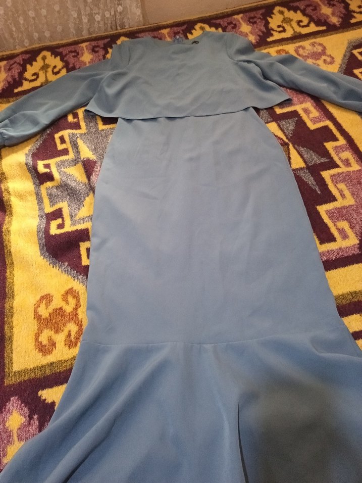 Uzun Kollu Drapeli Mavi Kadın Elbise - Görsel 3