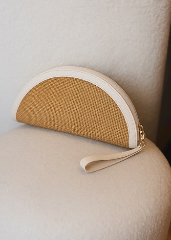 Gerçek Hasır Yarım Ay Clutch Çanta Krem Deri Detaylı