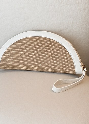 Gerçek Hasır Yarım Ay Clutch Çanta Beyaz Deri Detaylı