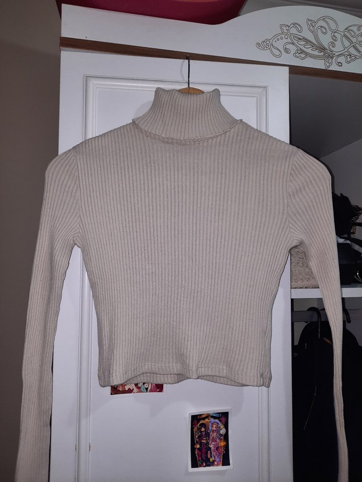 Bej Kadın Boğazlı Triko Kazak - Görsel 2