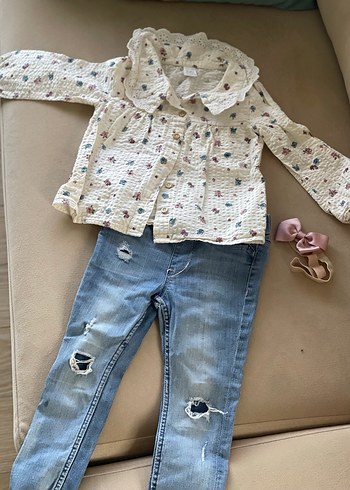 24-36 Ay Beden beyaz Renk Nakışlı Bohem Pamuklu Kız Gömlek#Bebe yaka gömlek