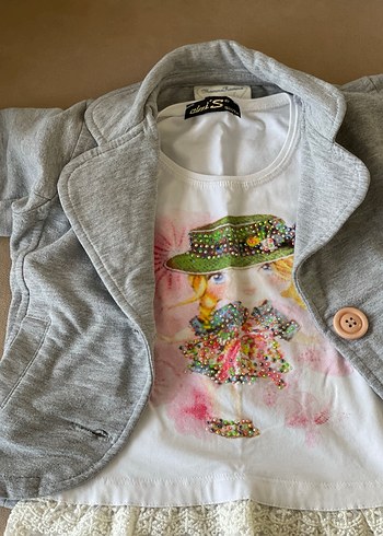 18-24 Ay Beden Düğmeli Gri Kız Ceket Notch Yaka#Bebek blazer tişört