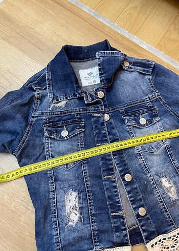 Dantel Detaylı Koyu Mavi Kadın Kot Ceket - Görsel 8