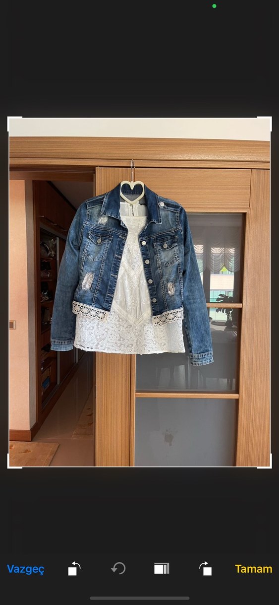 Dantel Detaylı Koyu Mavi Kadın Kot Ceket - Görsel 4