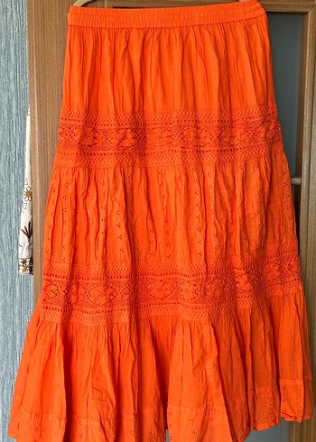 Nakışlı Turuncu Uzun Etek#Bohem etek#dantel detaylı etek - Görsel 3