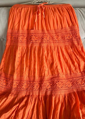 Nakışlı Turuncu Uzun Etek#Bohem etek#dantel detaylı etek - Görsel 4