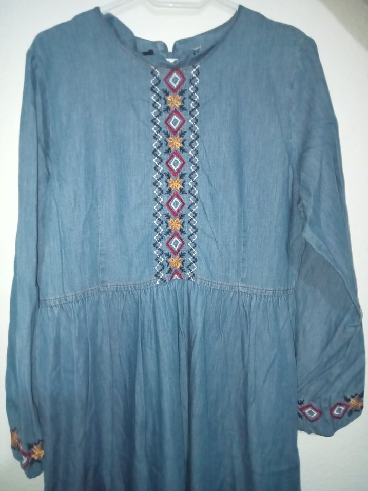 Nakış İşlemeli Mavi Uzun Kot Elbise - Görsel 2